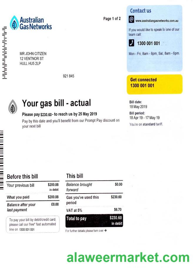 Australia Gas utility bill